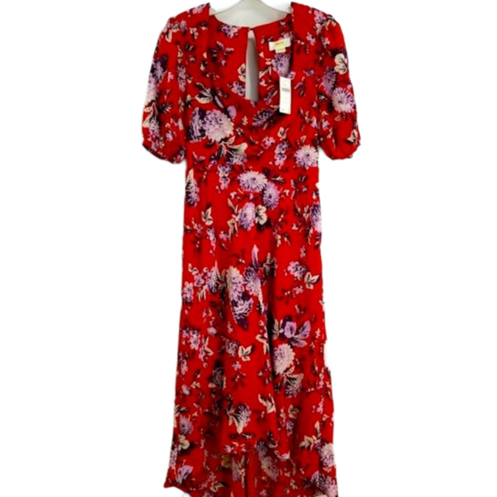 Maeve Anthropologie Red Floral Puff Sleeve Midi Dress 6P Petite High-Low - Picture 12 of 17